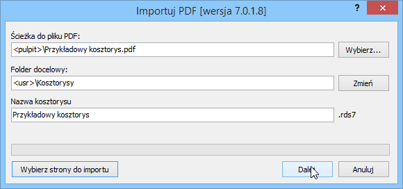 Wybór pliku w trakcie importu PDF