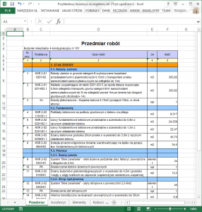 Przykładowy kosztorys w programie Microsoft Excel