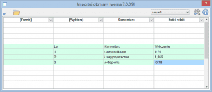 Okno importu obmiarów z arkuszy kalkulacyjnych